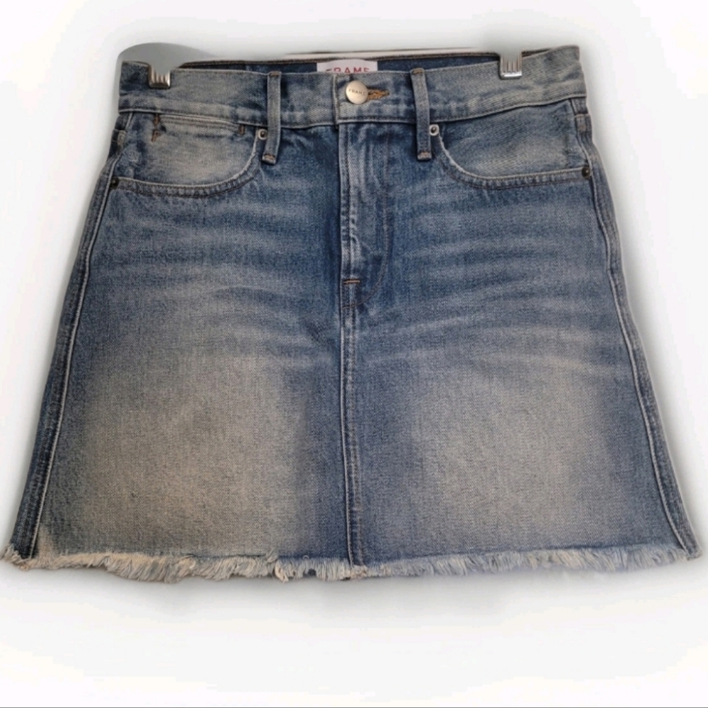 Frame Le High The Roxy Denim Blue Frayed Mini Skirt Size 26